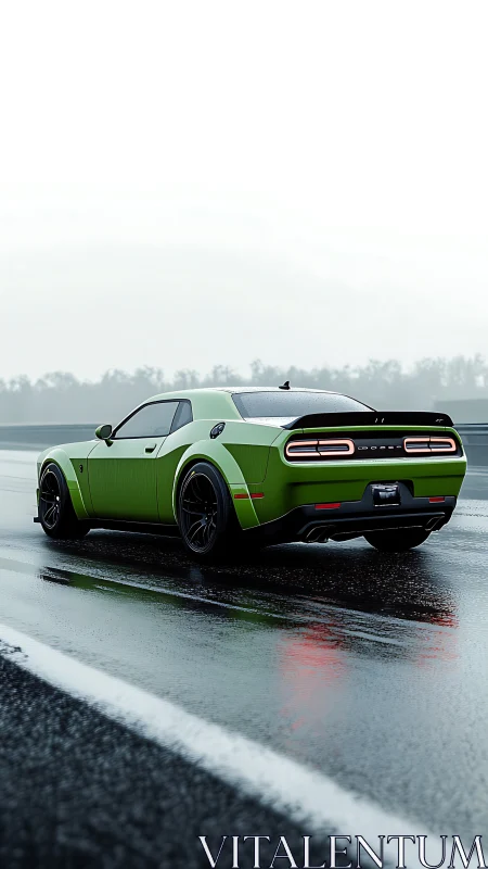 Green muscle car accelerates along wet racetrack at dawn