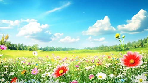 Sunlit wildflower meadow opens under a bright summer sky