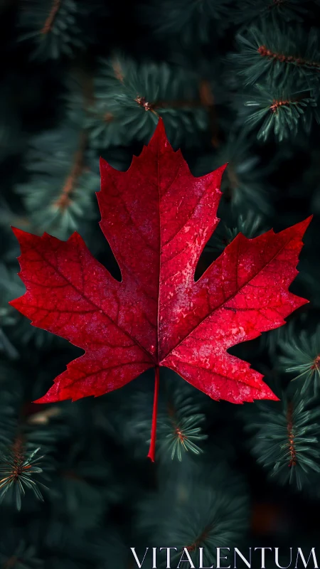 Red maple leaf glows against dark evergreen needles.