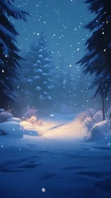 Snowy forest path with warm winter lantern glow at dusk.