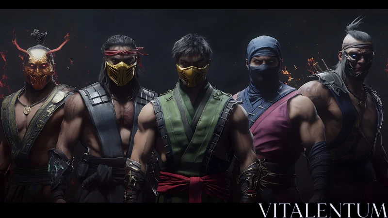 Armored ninja warriors stand in dramatic low key lighting