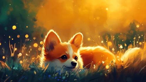 Orange corgi puppy resting in glowing sunset meadow.