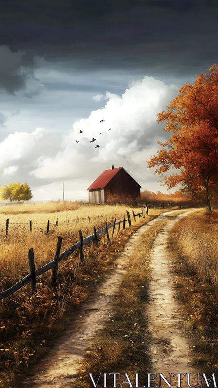 Autumn country lane leading toward distant red barn under clouds.