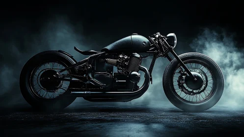 Custom black cafe racer motorcycle on dark studio background.