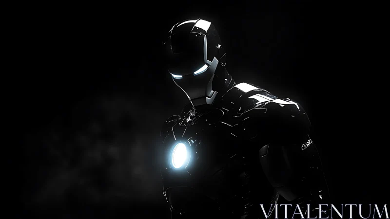 Dark armored hero render with glowing chest reactor.