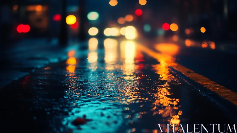 Wet urban street with blurred night traffic reflections.