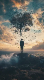 Solitary figure contemplates levitating tree and swirling birds.