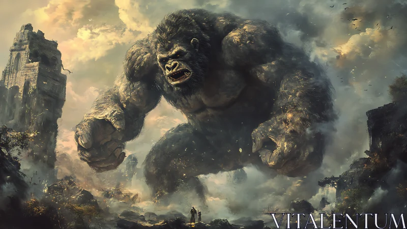 Colossal stormborn gorilla strides through ruined kingdom.