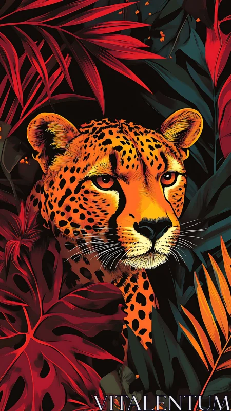 Neon-toned jaguar portrait framed by stylized tropical foliage