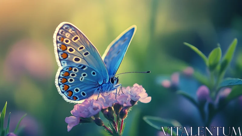 Macro study of blue butterfly on pink blossom at dusk.