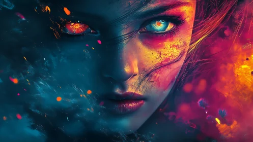 Bicolored elemental portrait fusing fire, ice, and ethereal bloom