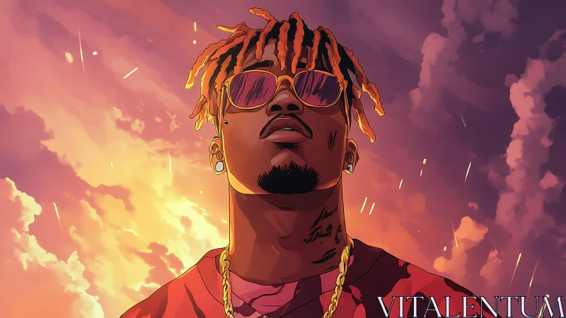 Stylized hip-hop portrait set against radiant sunset clouds