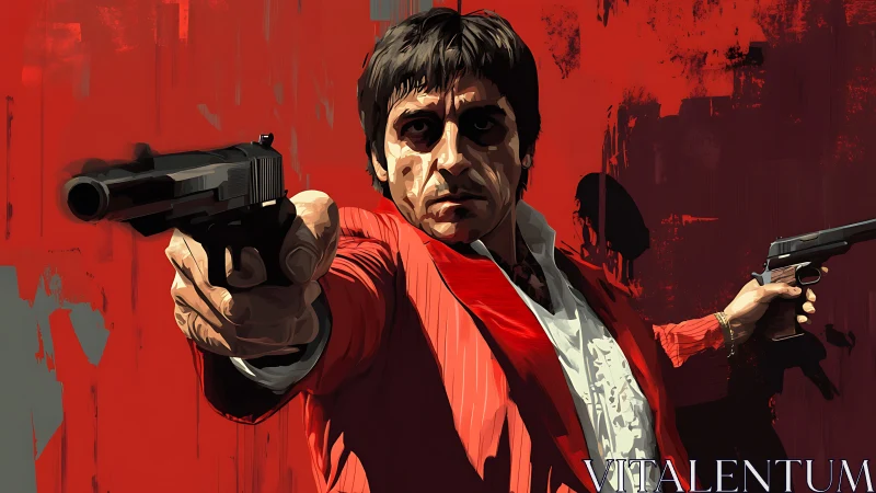 Man in red jacket aiming two pistols against red backdrop.