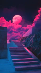 Neon marble staircase ascends toward radiant pink full moon