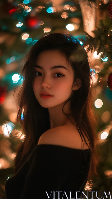 Young woman near illuminated tree with soft bokeh lights.