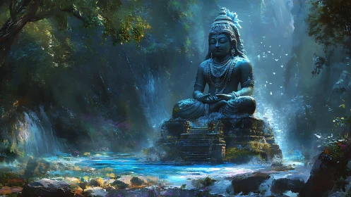 Peaceful stone deity resting in a glowing forest sanctuary.