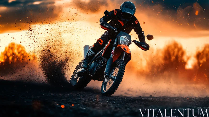 Motorcyclist carves through dirt at sunset in vivid motion