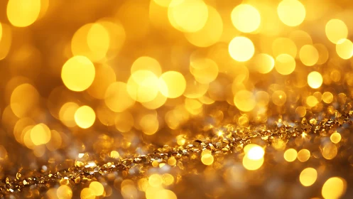 Golden glitter bokeh field with warm festive lights.