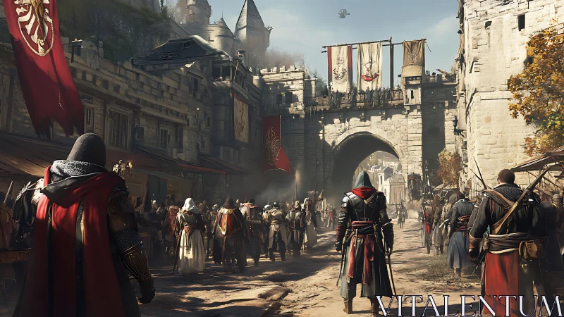 Epic medieval street gathering with cloaked adventurers.