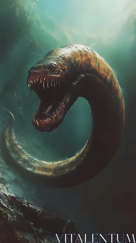 Ancient sea serpent coils through shadowy abyssal waters.
