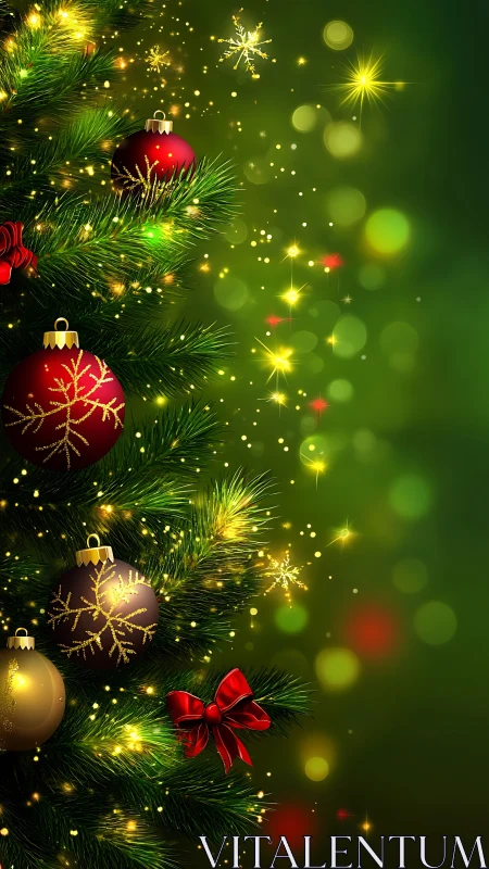 Sparkling Christmas tree ornaments glow in festive light.