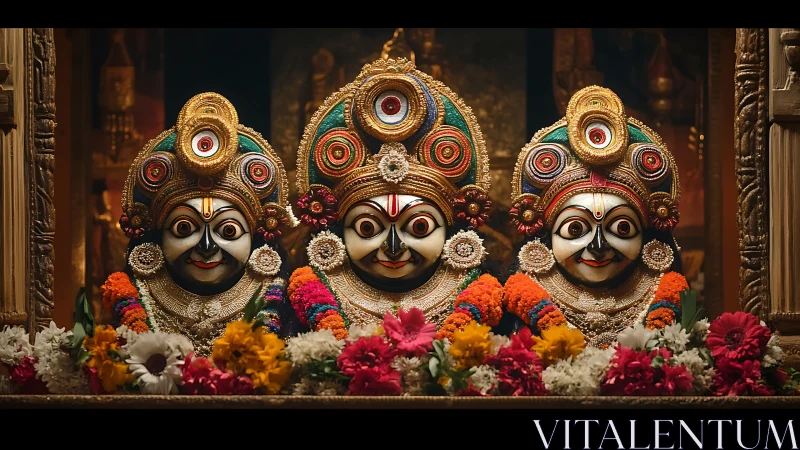 Ornate triad of Hindu deity masks with floral offerings.