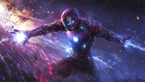 Armored energy warrior blazing through cosmic storm.