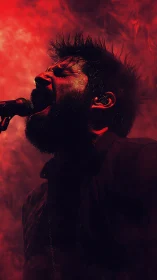 Vocalist silhouette in red atmospheric stage backlighting.