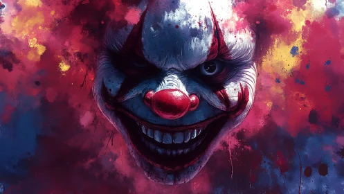 Sinister clown portrait in explosive neon paint storm.