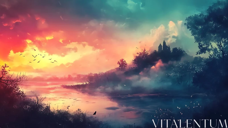 Castle silhouette above misty river under vivid sky at dusk.