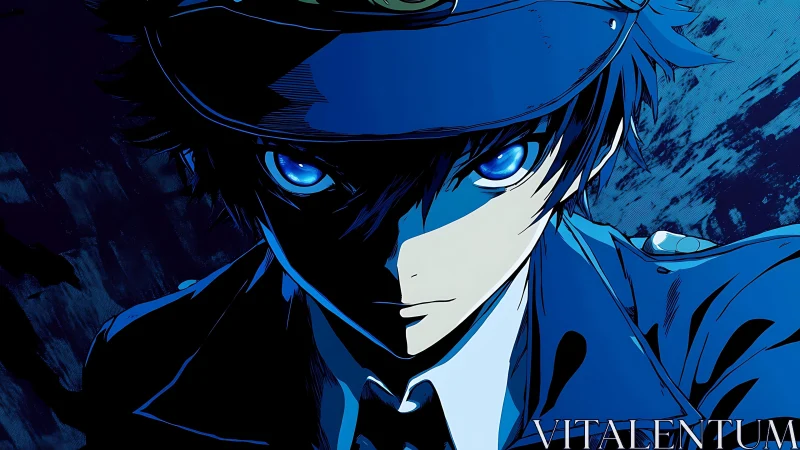 Blue toned anime officer with intense glowing eyes.