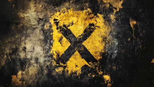 Grunge Black X Mark on Distressed Yellow Painted Wall Texture.
