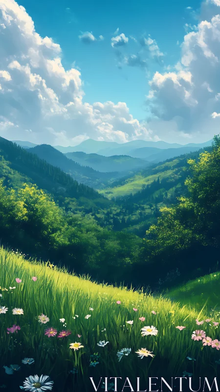 Sunlit wildflower hillside overlooks layered green valleys