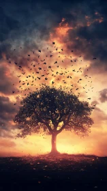 Solitary oak silhouette with birds against blazing sunset sky.