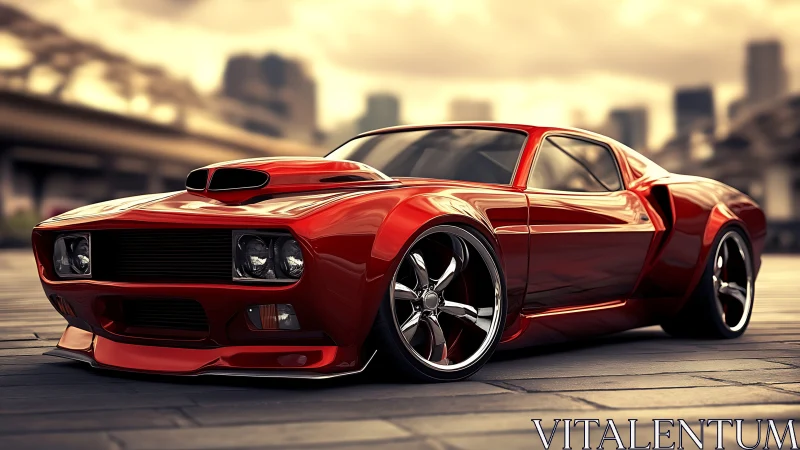 Sleek red muscle car shining under a warm city sunset.