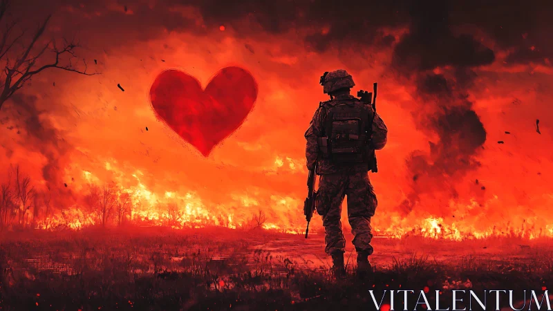 Soldier Stands Resolute Against Burning Landscape with Heart.