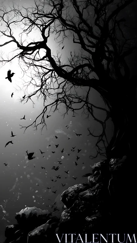 Monochrome dead tree silhouettes frame ascending crow flock