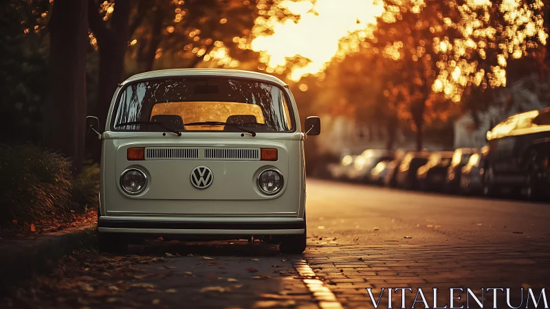 Vintage Volkswagen van is parked on a quiet tree-lined street