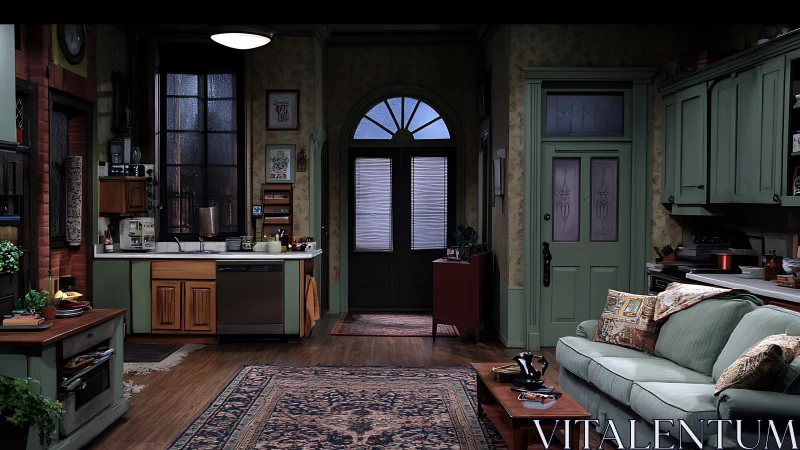 Interior view shows combined living room and kitchen set