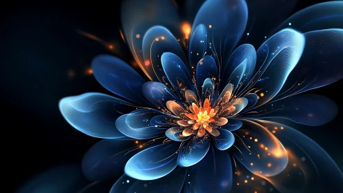 Radiant cyber-bloom with luminous blue and amber petals.