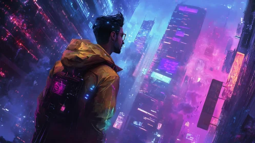 Cyberpunk urban explorer studies neon-soaked skyline silhouette.