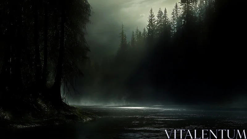 Misty forest river bathed in hushed early morning light.