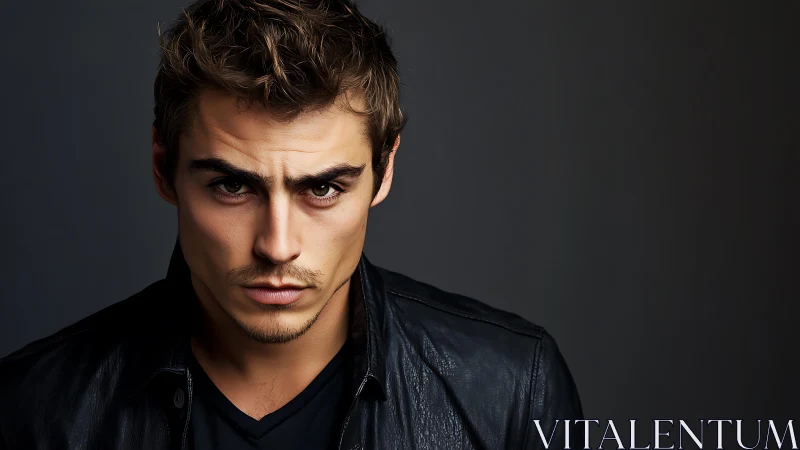 Moody male portrait with intense gaze in dark leather jacket.
