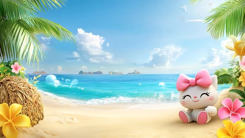 Tropical Paradise Beach with Hello Kitty Character 3D Render.