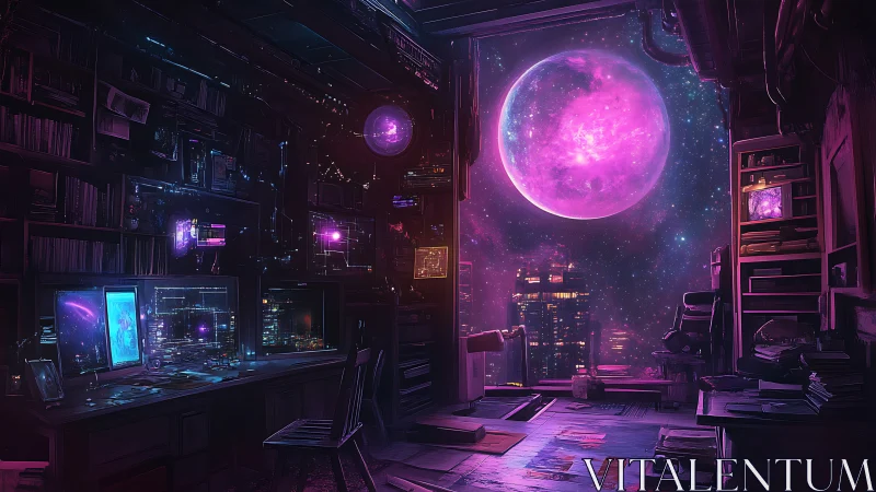 Nocturnal cyber-astronomy lab overlooking magenta exoplanet.