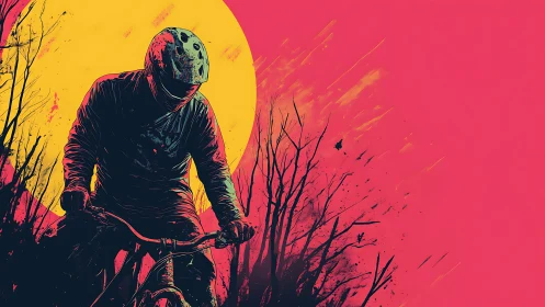 Mountain biker silhouette before large sun and barren trees.