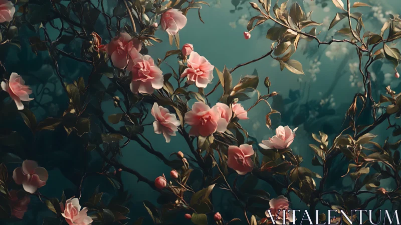 Pink roses bloom against teal atmospheric backdrop.