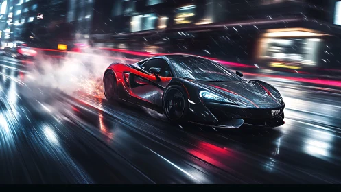 Midnight supercar ignites neon streets in rain-slick rush.