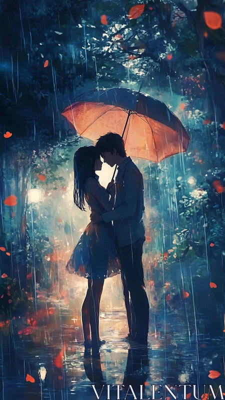 Couple kissing under glowing orange umbrella in rain.
