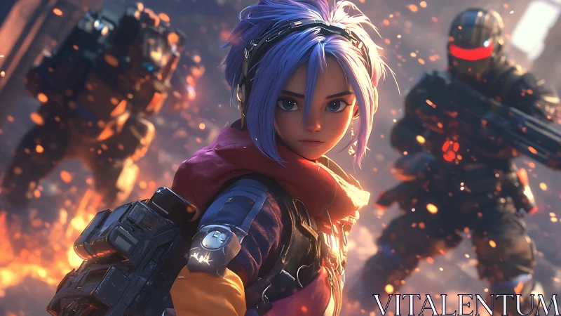 Cyberpunk anime scout in kinetic firefight with armored troopers